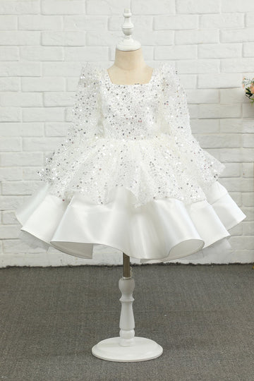 Vestido de menina flor de lantejoulas de marfim com arco